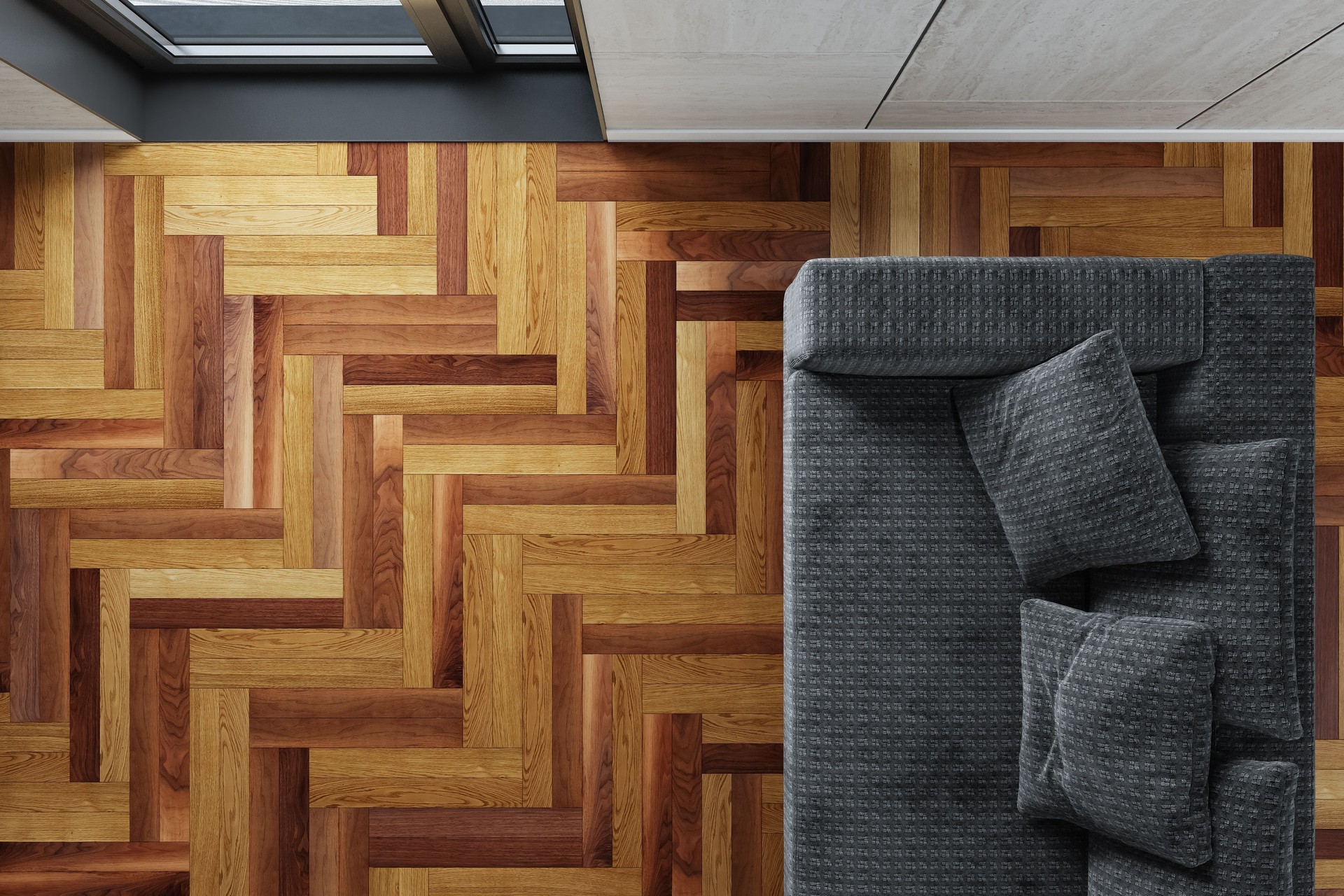 Top View of Modern Living Room with Grey Sofa and Natural Hardwood Flooring – Copy Space